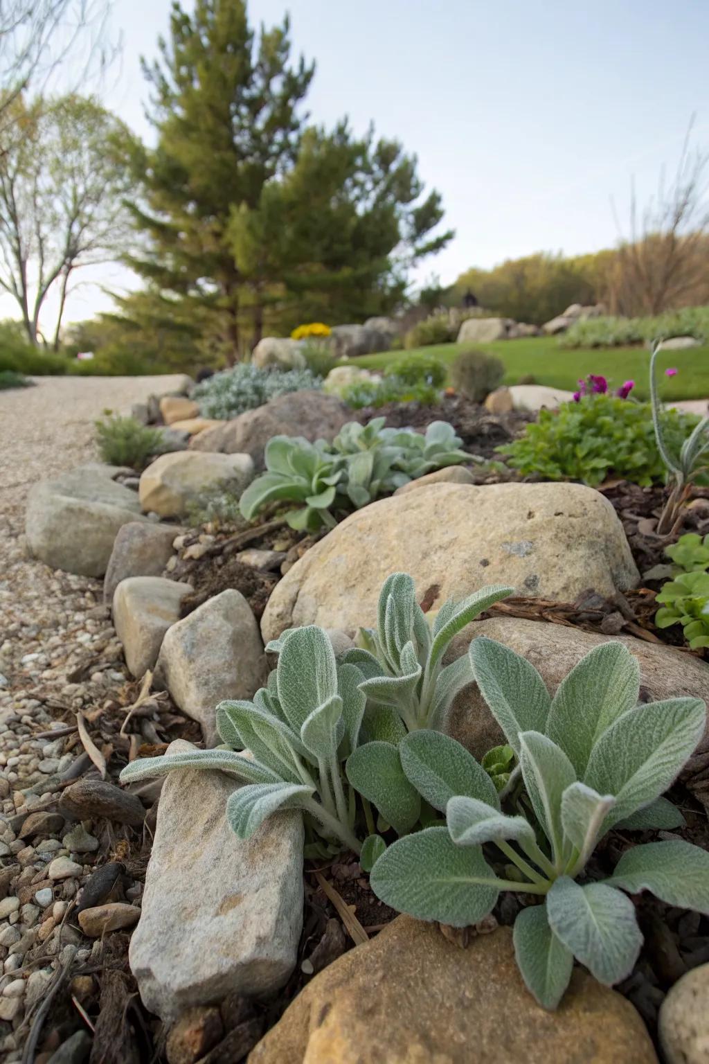 Lamb's ear adding texture and contrast to a serene rock garden.