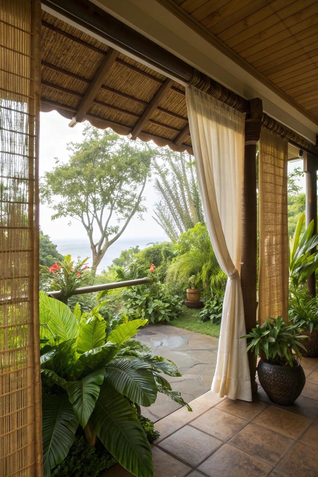 Achieve a tropical vibe with natural bamboo curtains.