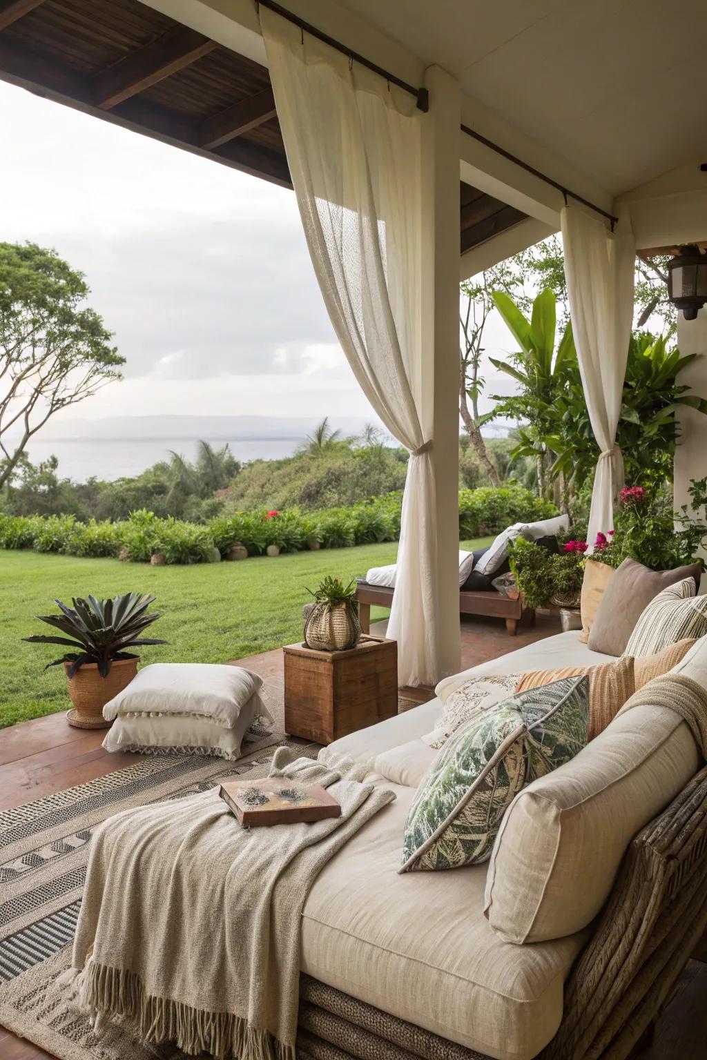 Inviting seating on a lanai with plush cushions and blankets for ultimate comfort.