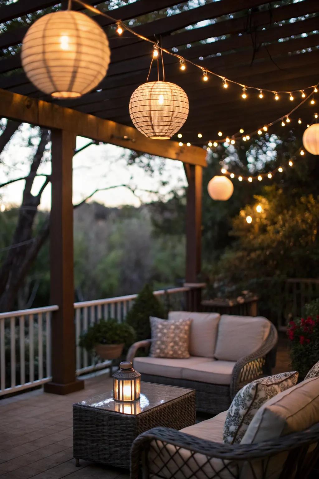 Ambient lighting transforms this lanai patio into a nighttime haven.