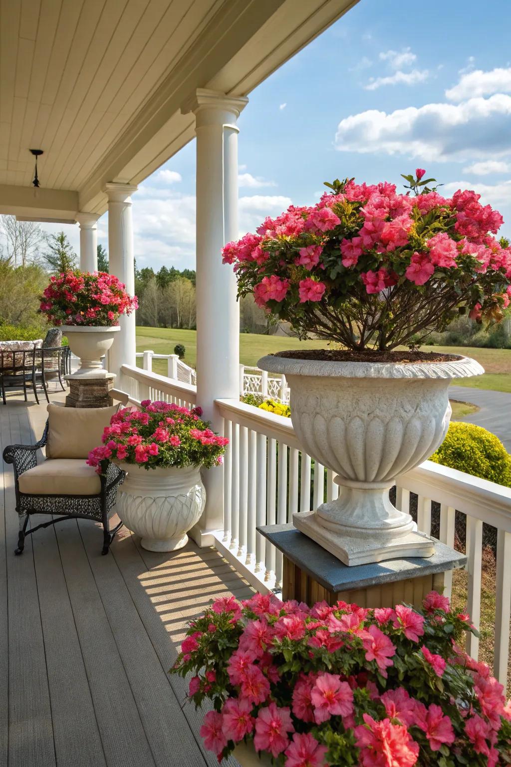 Patio pots filled with vibrant Encore Azaleas.