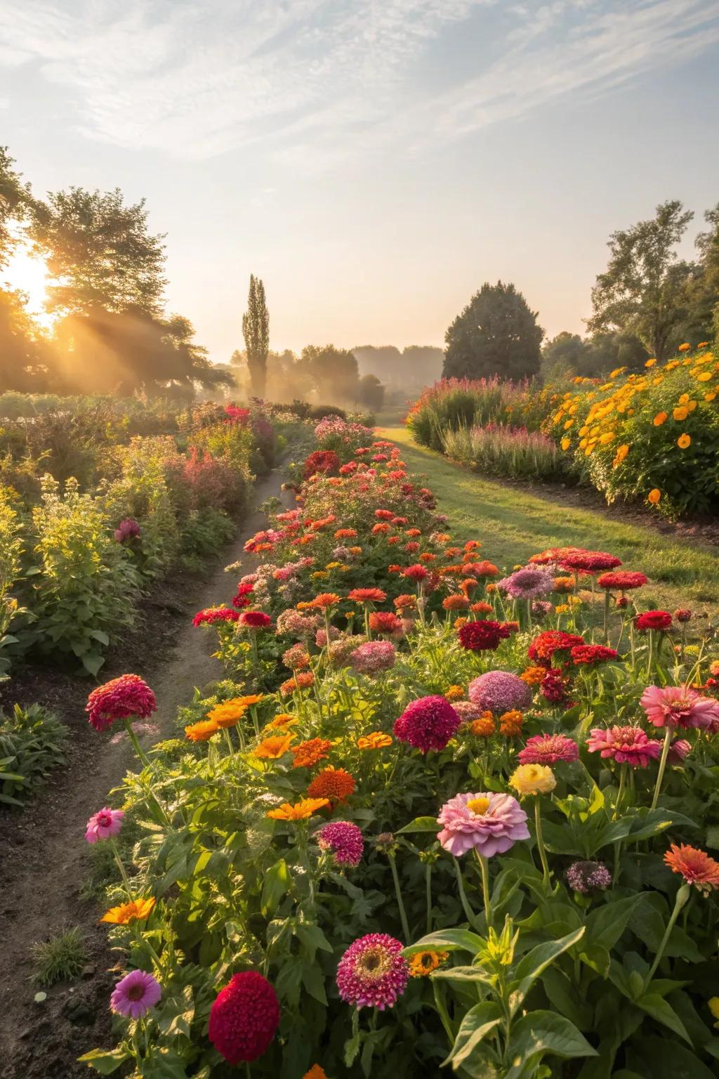 A vibrant flower garden bursting with seasonal blooms.