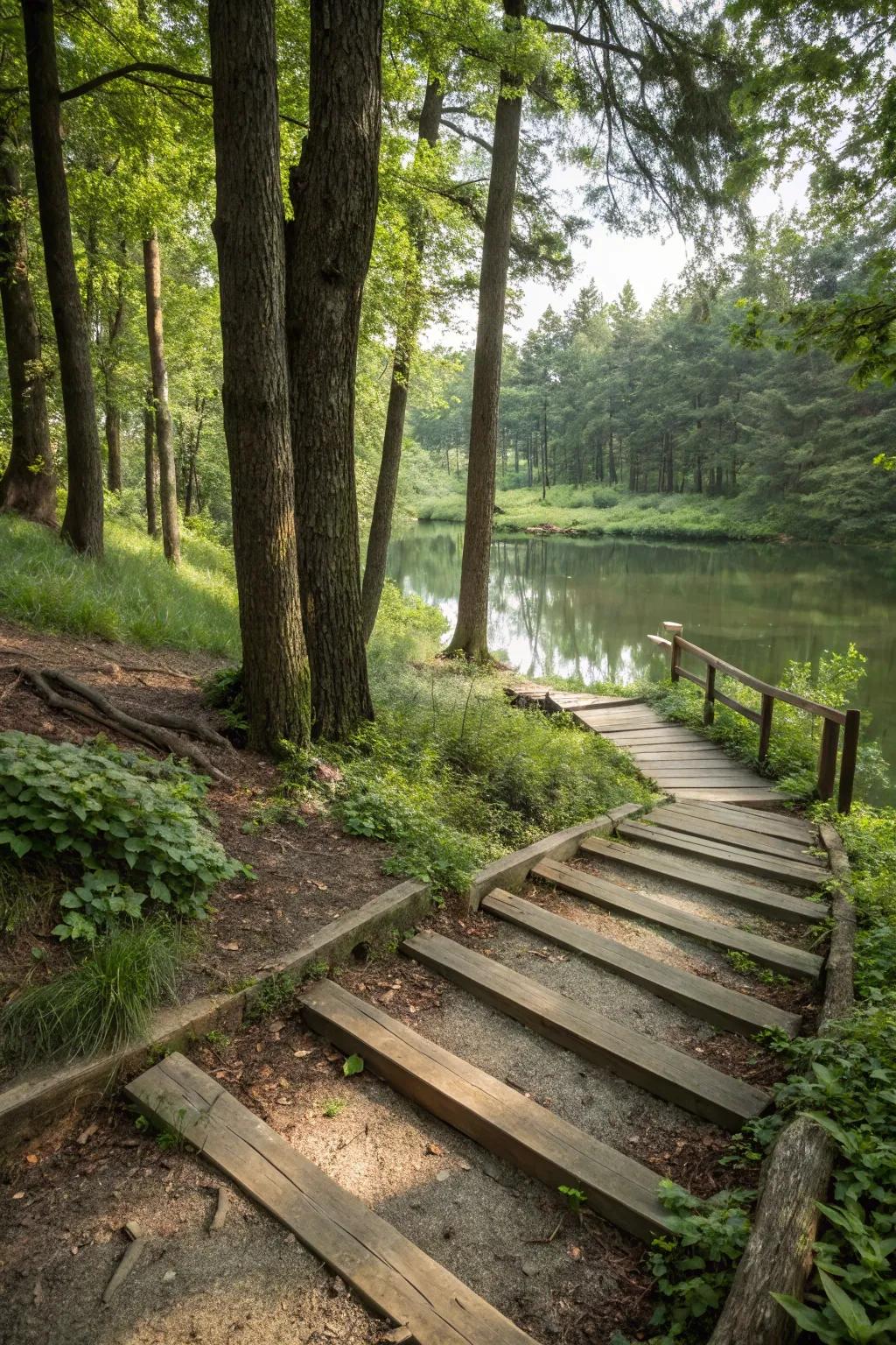 Wooden steps create a natural path to a tranquil pond.