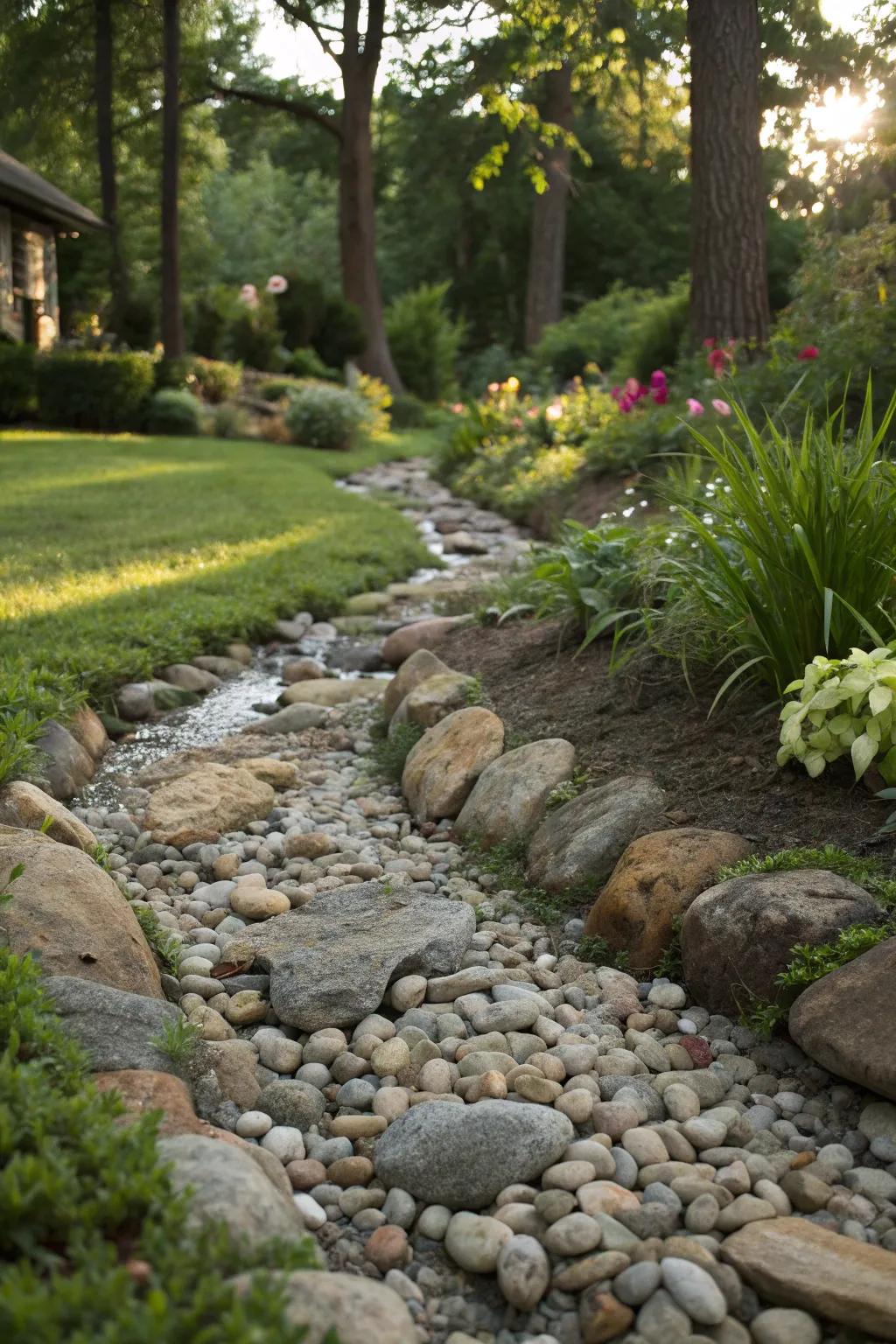 Pebbled edging mimics the tranquility of a natural creek.