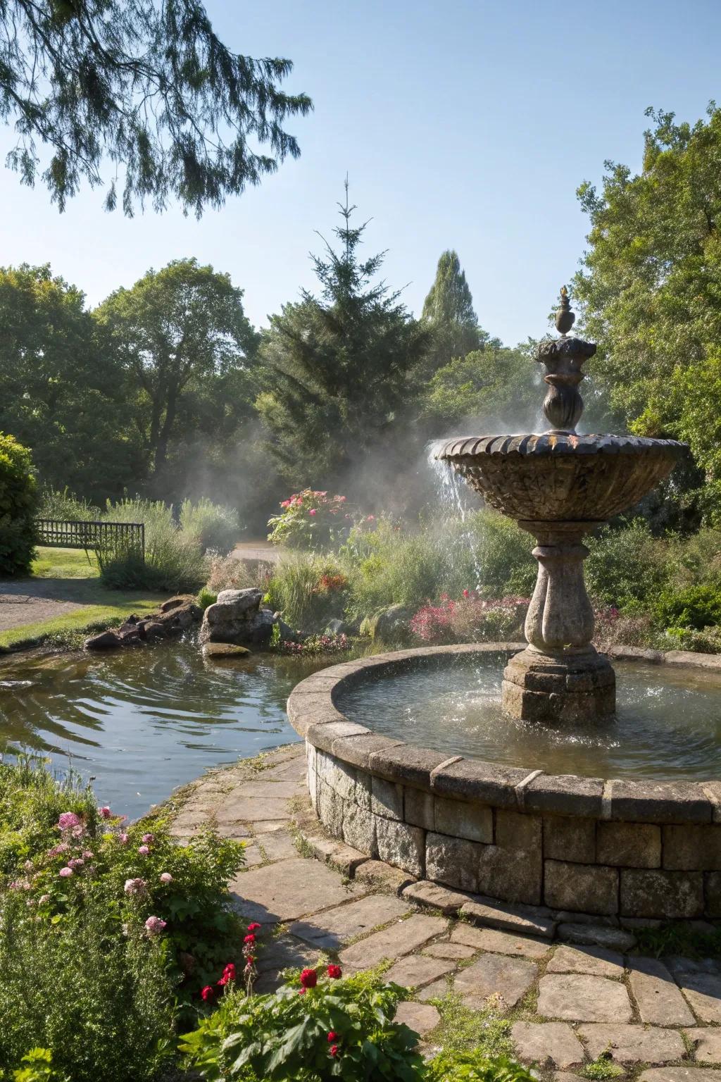 A stone water feature creating a serene retreat in the garden.