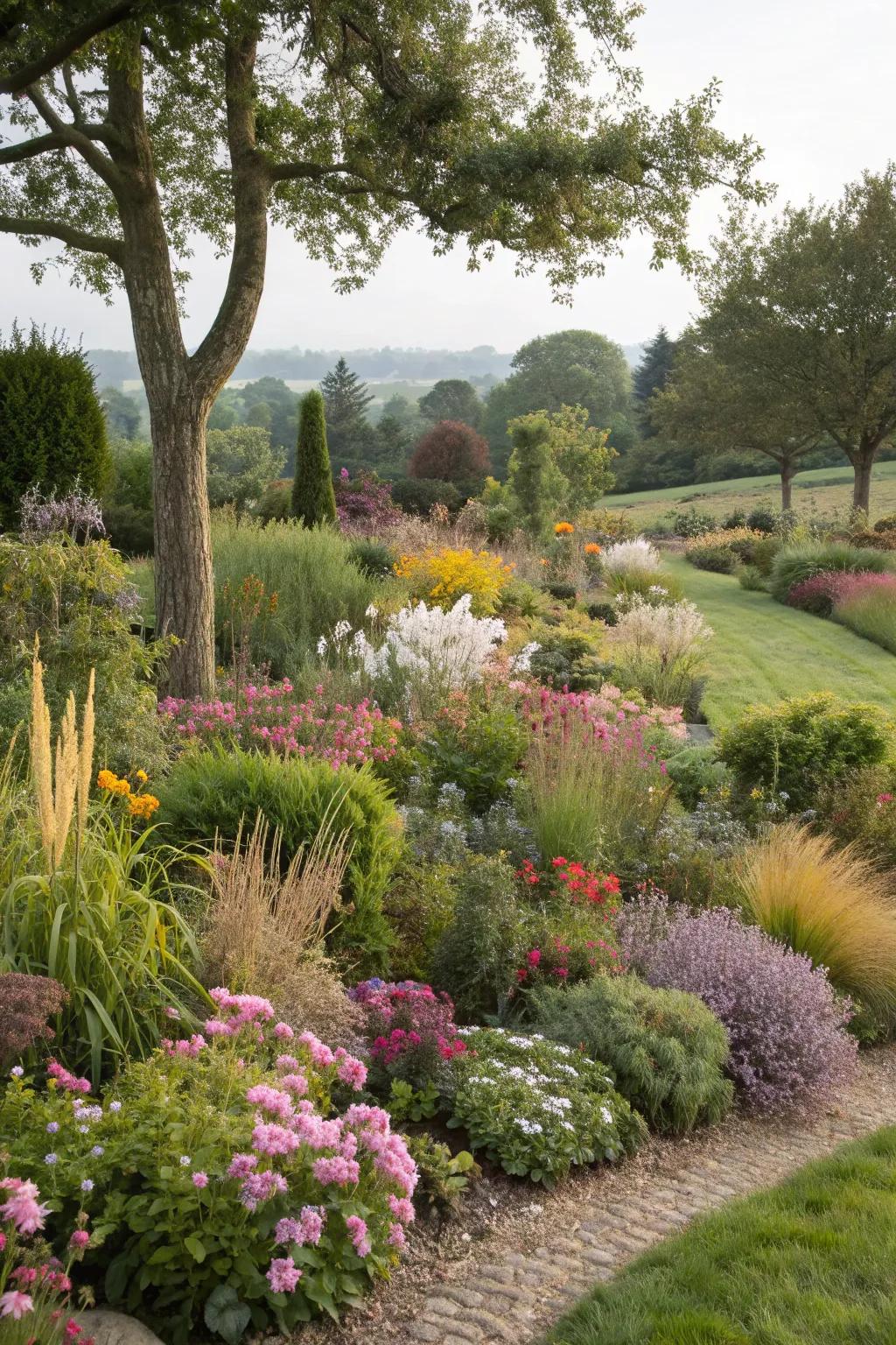 Layered planting adds depth and texture around trees.