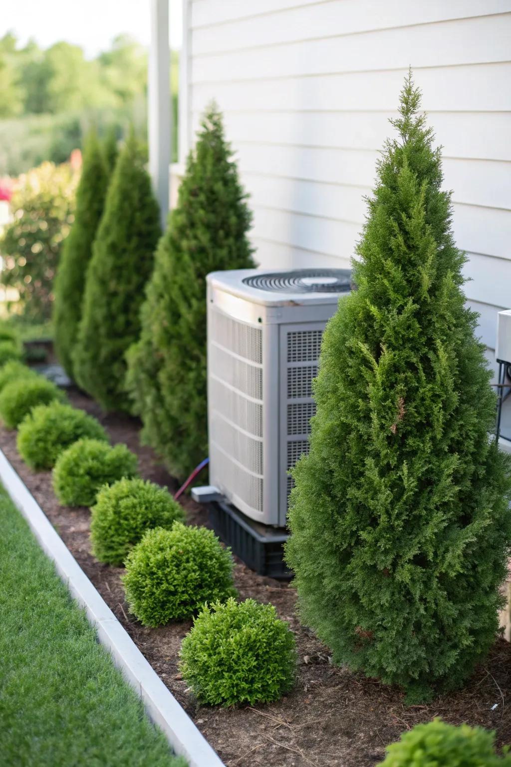 Evergreen shrubs offering a timeless, elegant concealment for an AC unit.