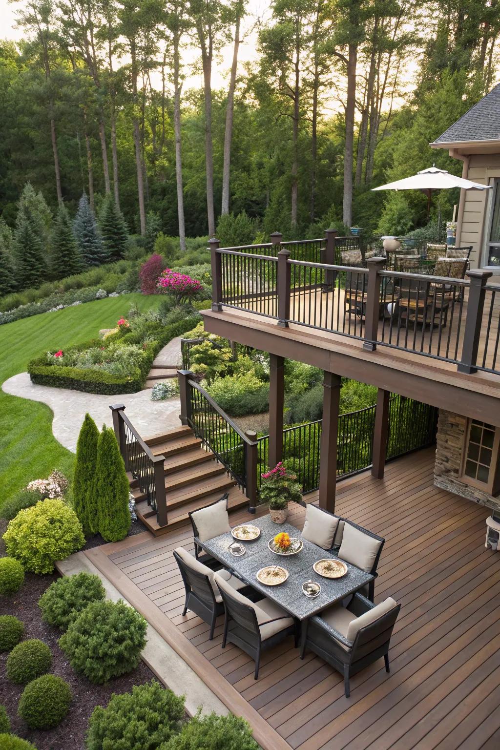 A multi-level deck offering various functional spaces, each with unique garden views.