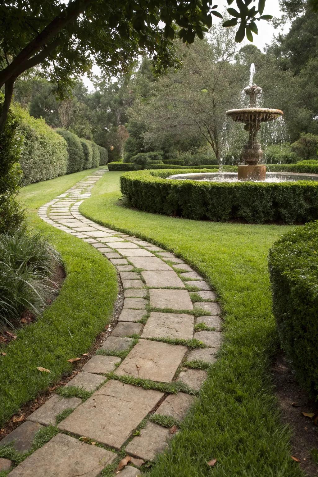 A charming stone pathway guiding visitors to a central garden fountain.