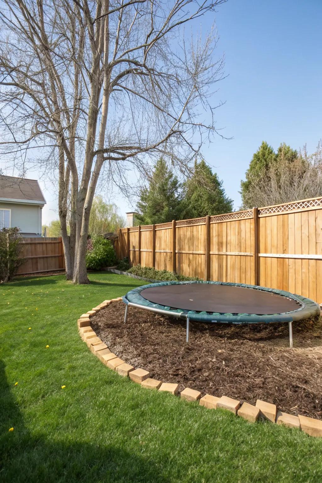 Mulch provides a soft and neat border around the trampoline.