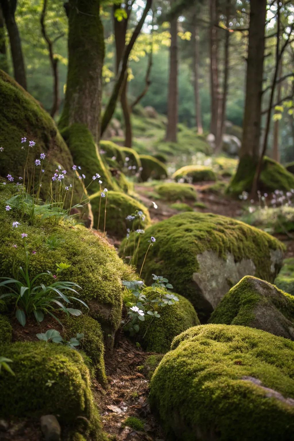 Natural elements like moss and rocks bring a forest atmosphere to your garden.