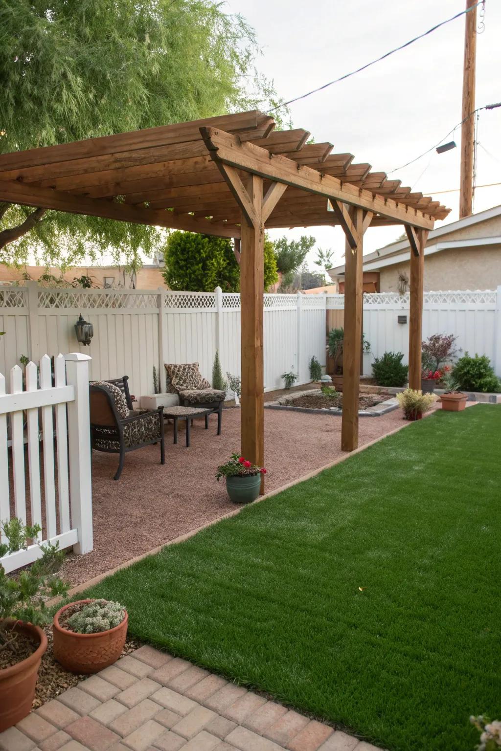 A shaded pergola retreat with lush artificial grass, perfect for hot days.