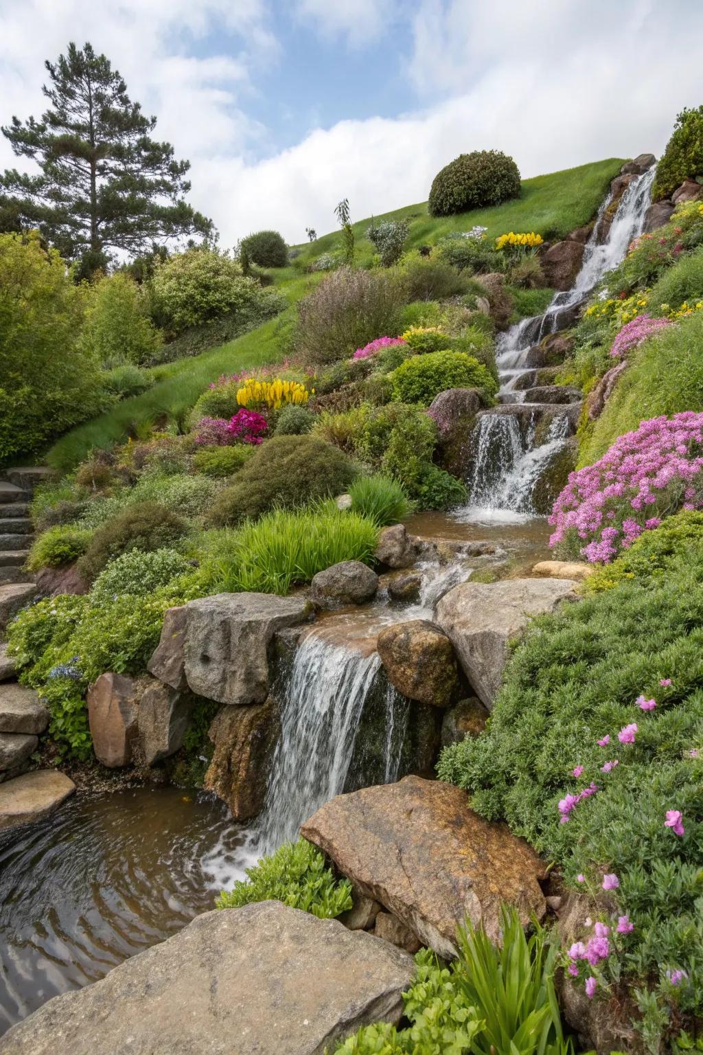 Water features transform any hillside into a serene escape.