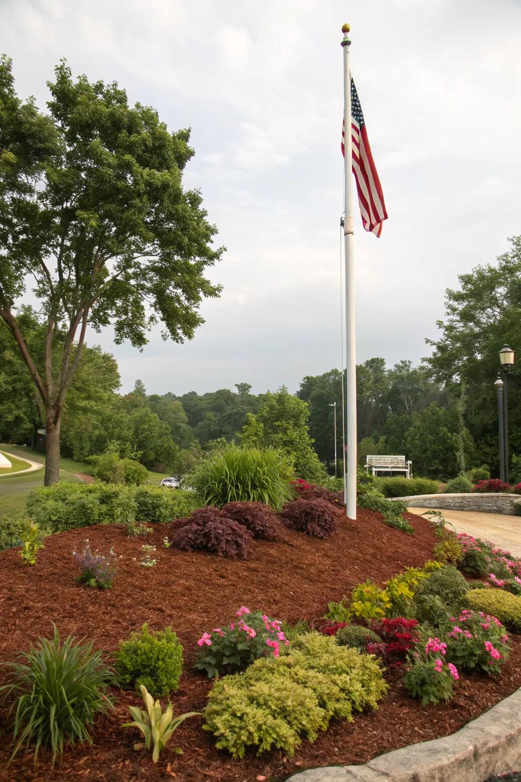 Mulch around the flagpole offers a clean and cohesive look.