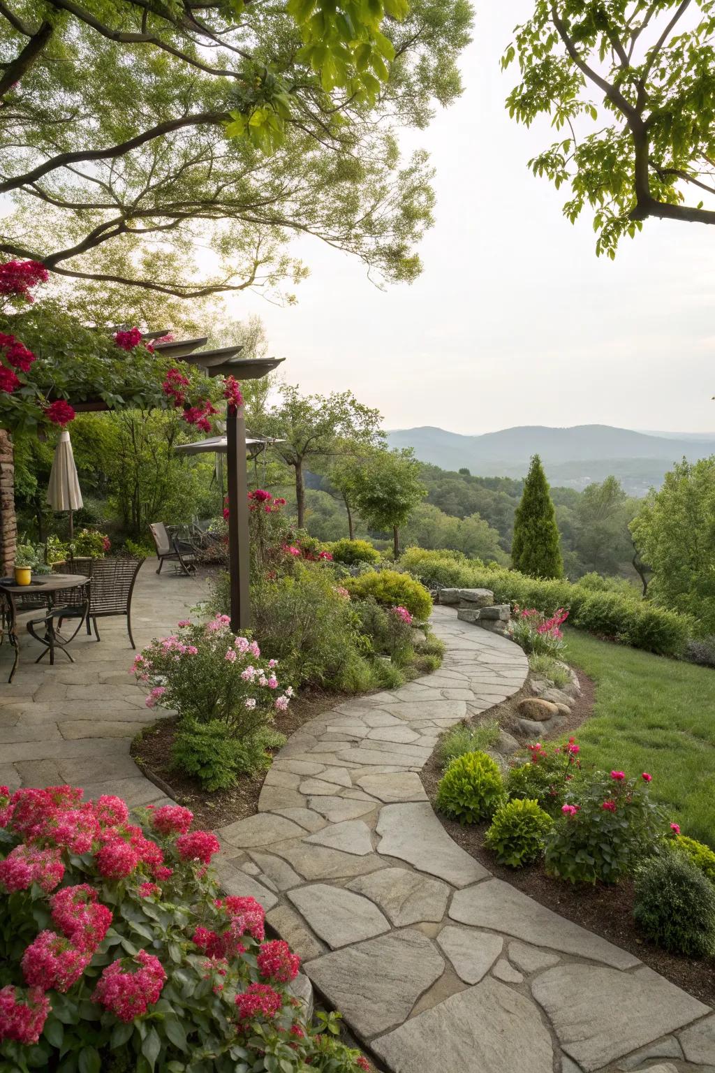 Stone pathways provide structure and aesthetic appeal.