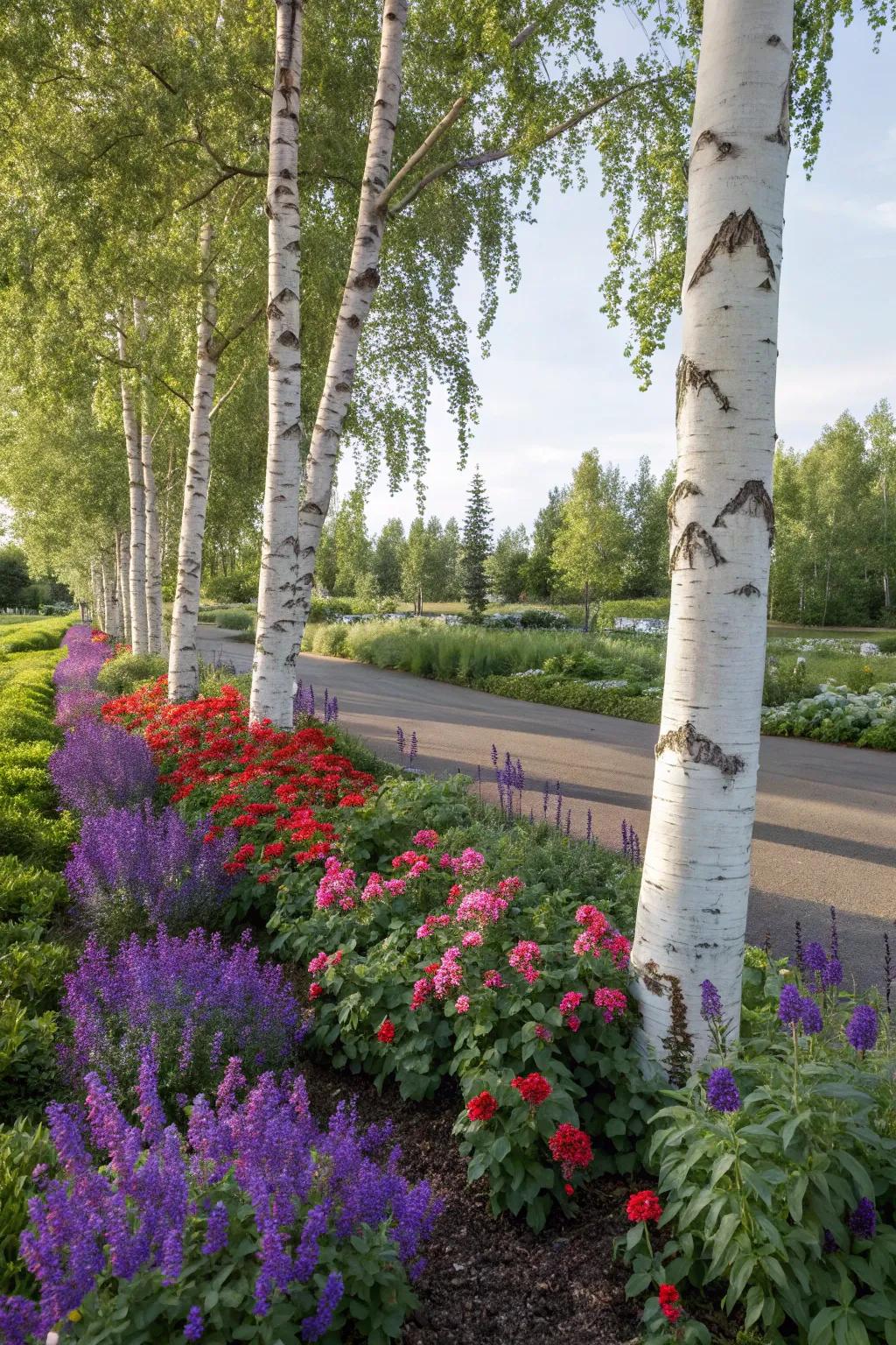 Bold flowers bring life and contrast to the serene setting of birch trees.