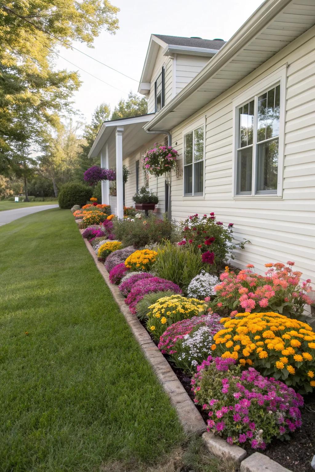 Bright flower beds bring life and color to any foundation.