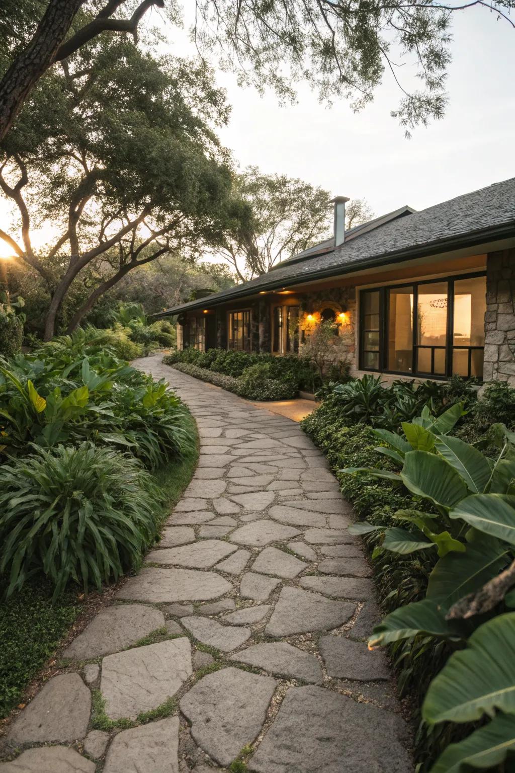 A stone pathway creates a welcoming entrance