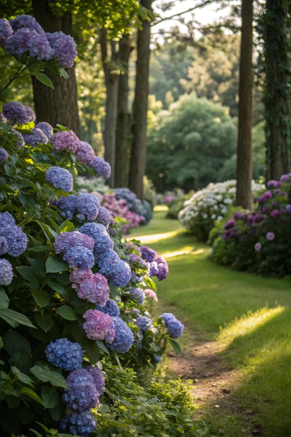 Hydrangeas brighten up the shaded garden with their beautiful blooms.