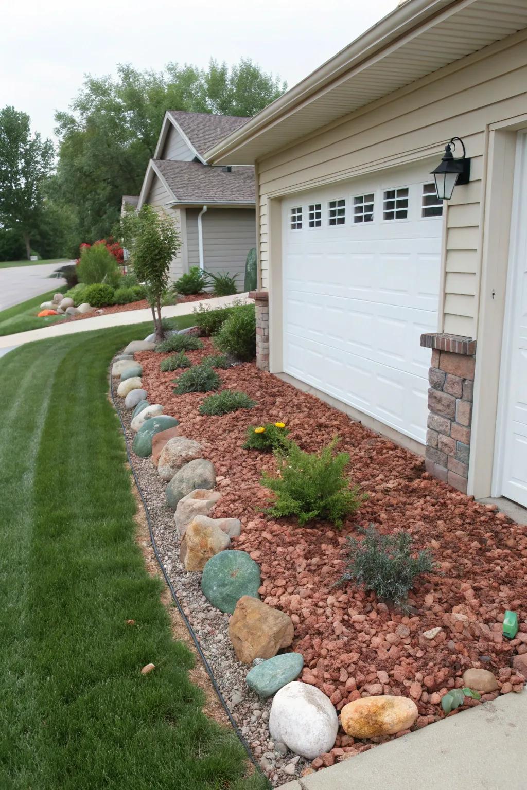Mulch and rocks create a neat, low-maintenance landscape that's easy on the eyes.