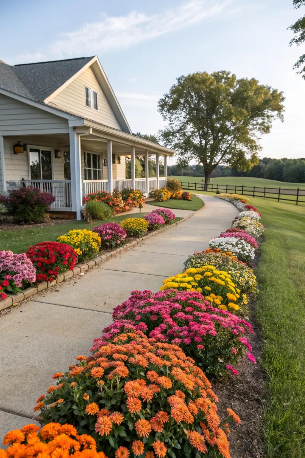 Colorful flowers bring vibrancy to the ranch home's entrance.