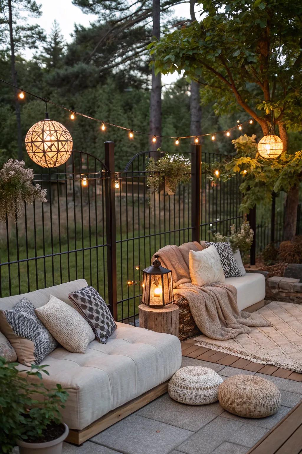 A cozy outdoor living area that diverts attention from the fence.