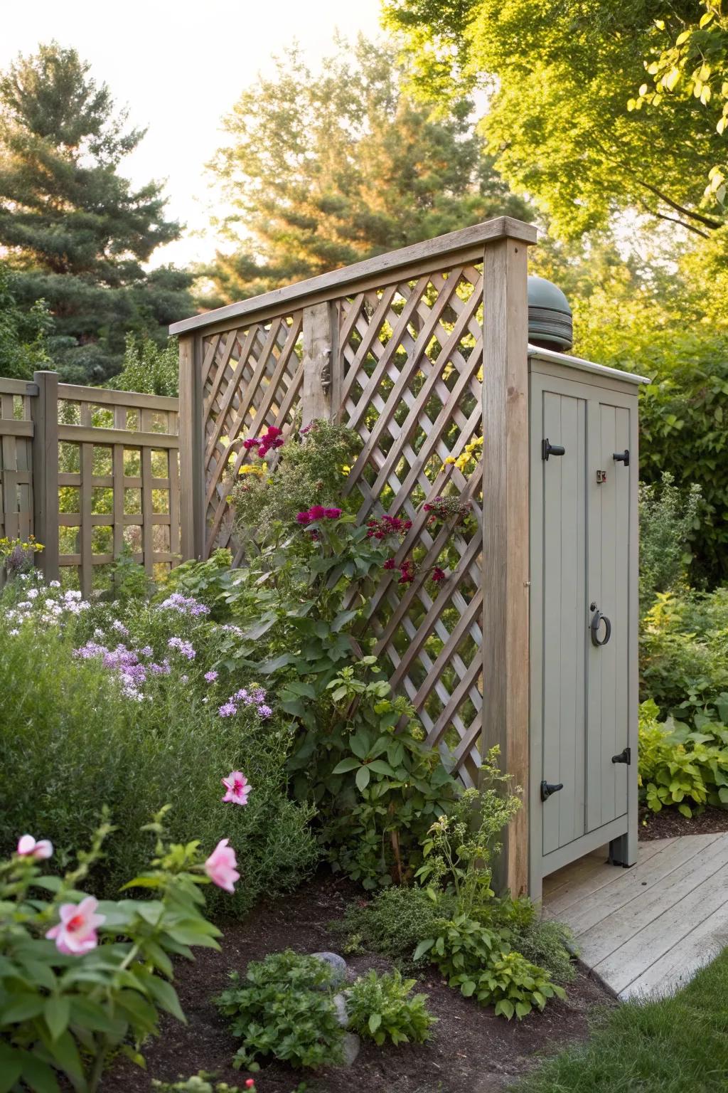 Wooden lattice panels offer a stylish way to hide utility boxes.