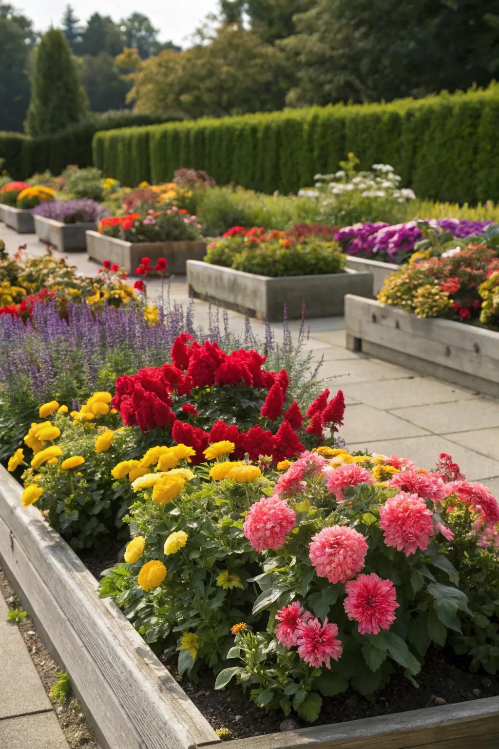 Bright and colorful raised flower beds defining garden spaces.