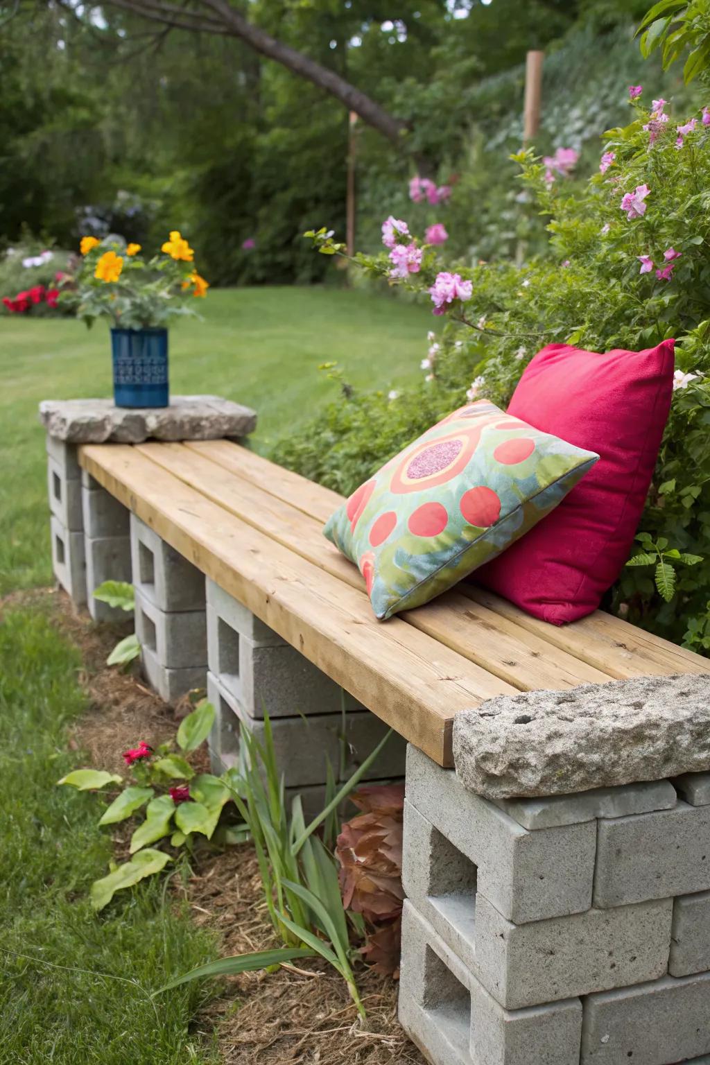 A rustic outdoor bench from cinder blocks and a wooden plank.