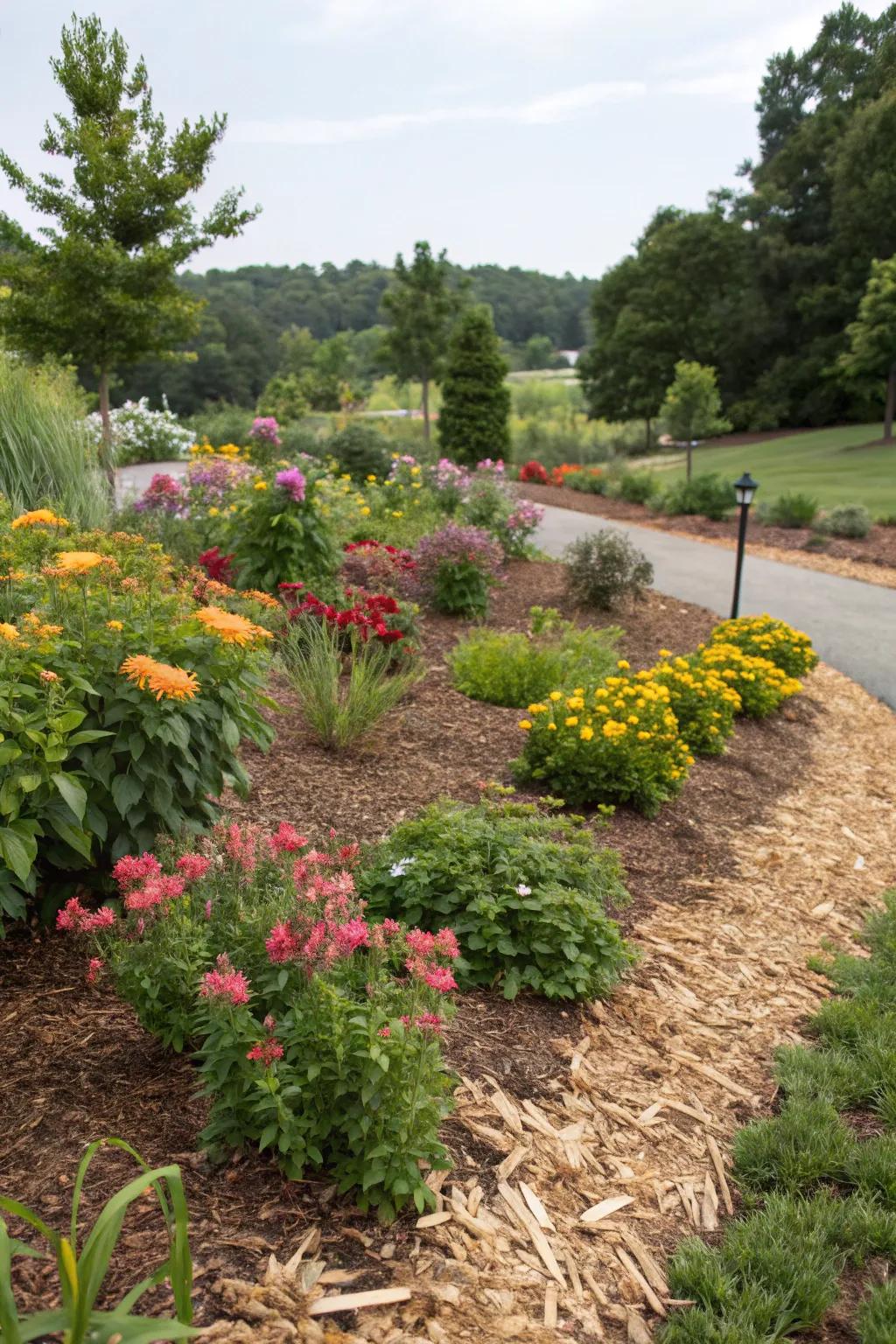 Healthy plant beds enhanced by mulch.