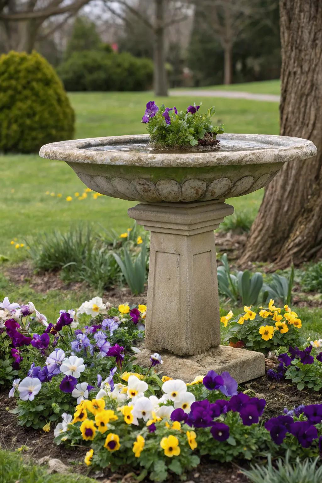Pansies creating a focal point around a garden birdbath.