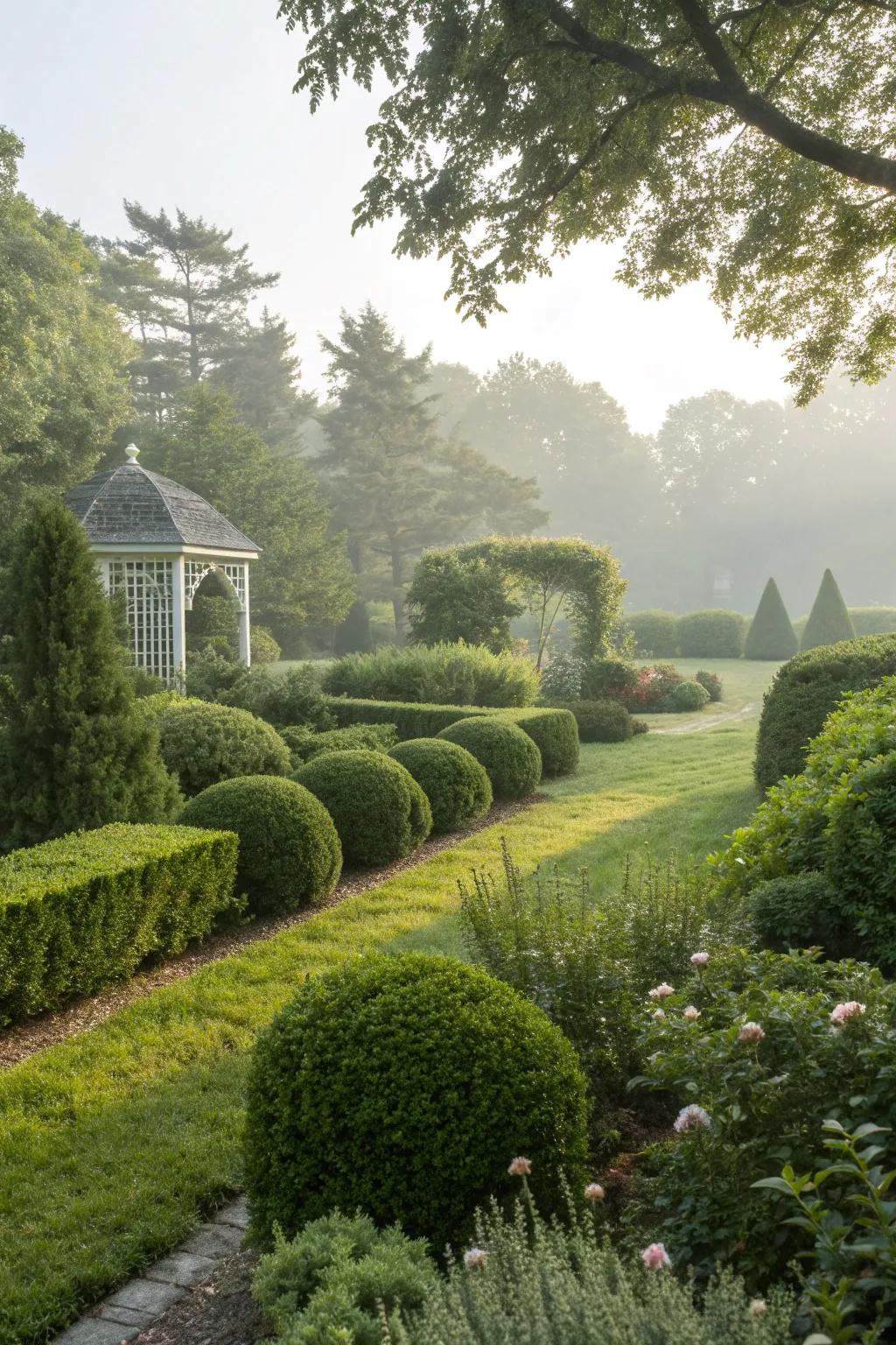 Evergreen shrubs offer year-round beauty and structure.