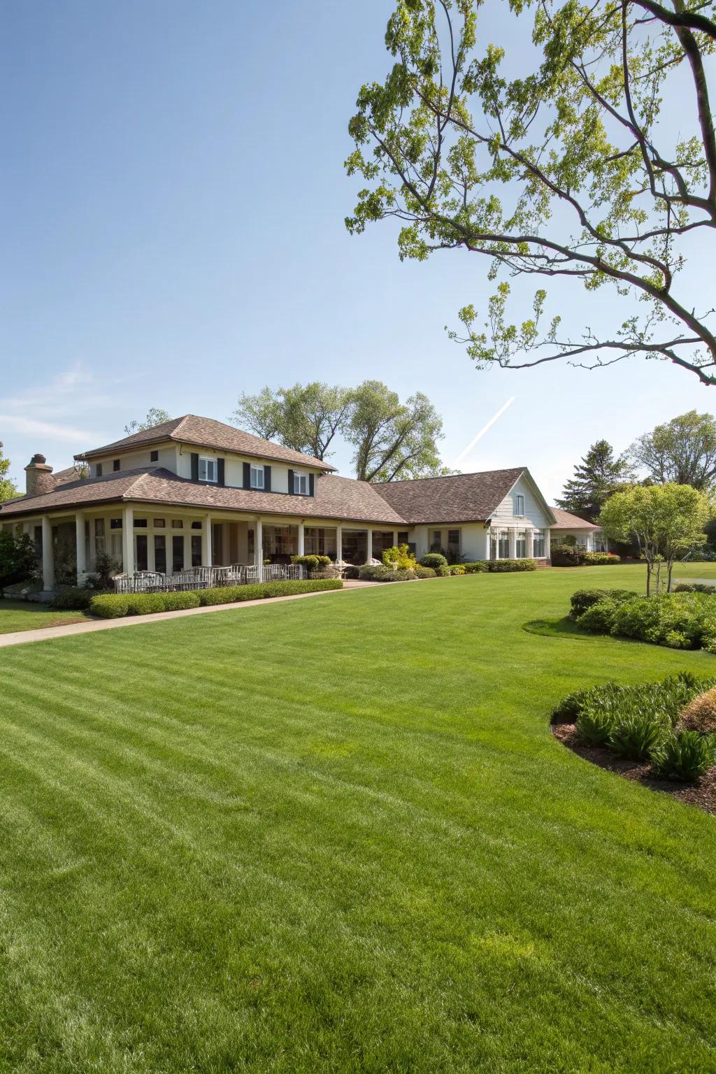 A vast, green lawn enhancing the open space of a ranch-style home.