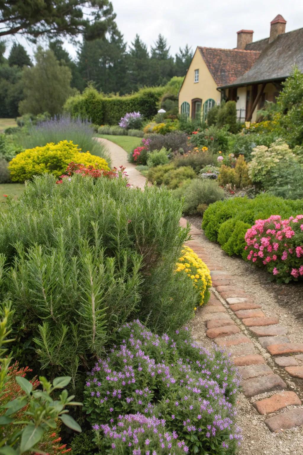 A vibrant mix of rosemary bushes and colorful shrubs.