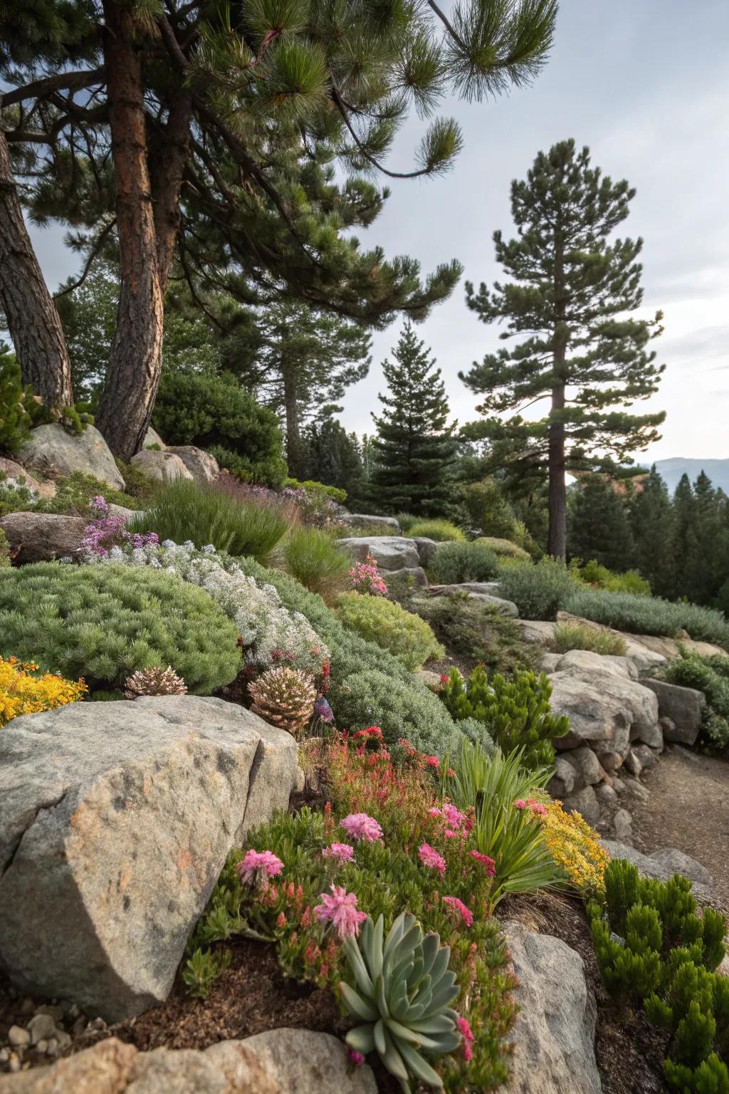 A striking rock garden nestled under pine trees.