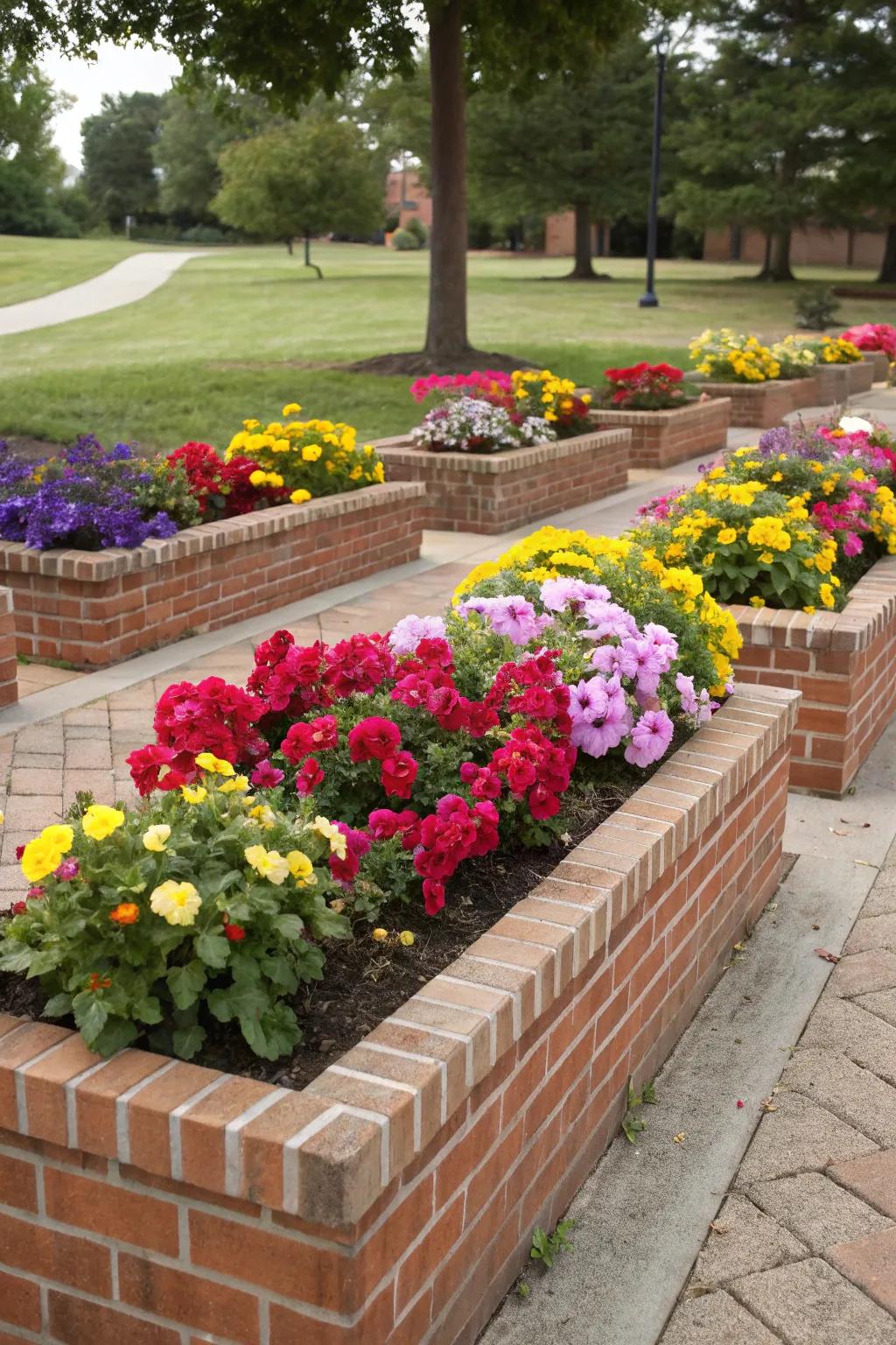 Elevate your garden with raised brick flower beds for added visual interest.