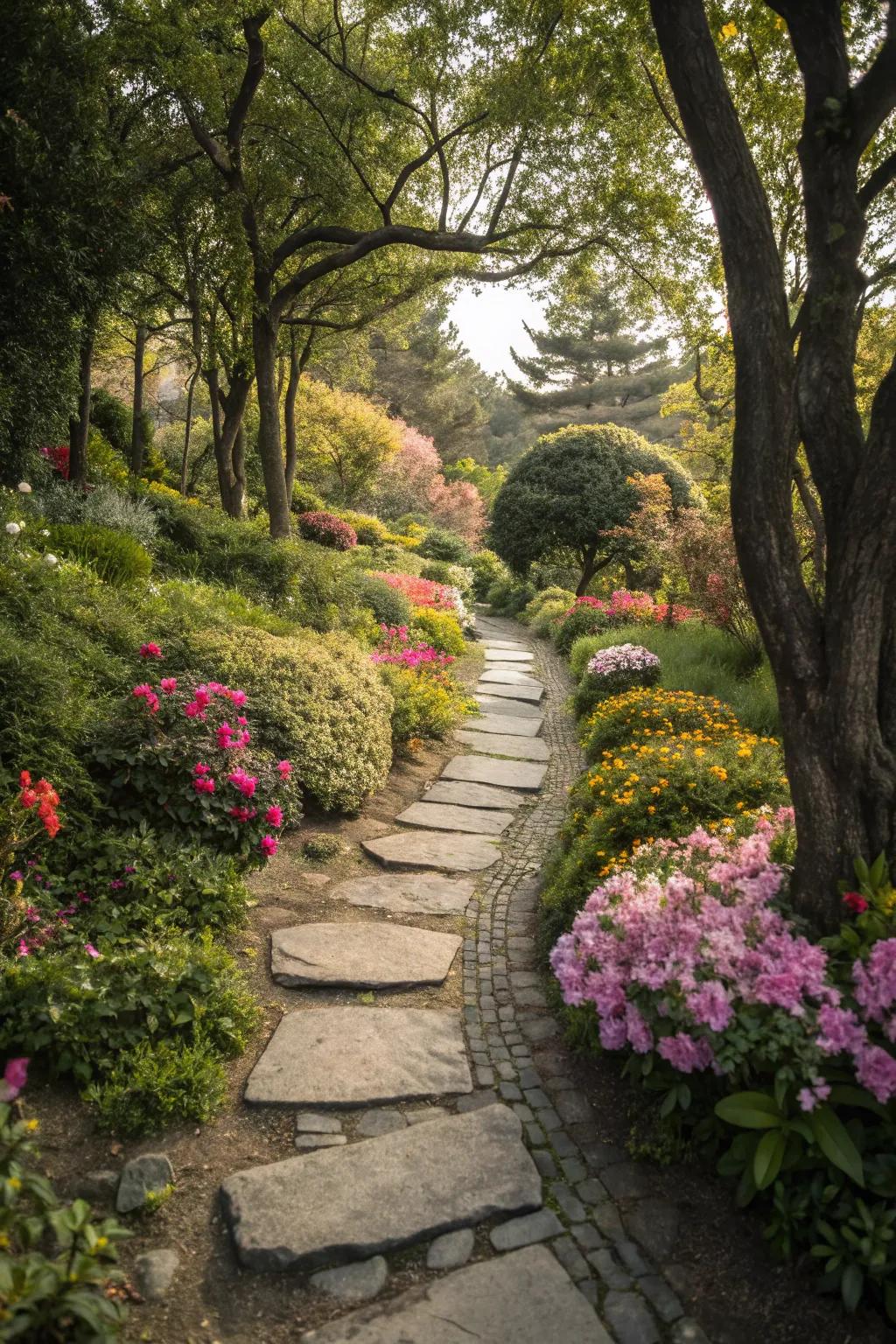 A garden pathway beautifully lined with vibrant flowers.