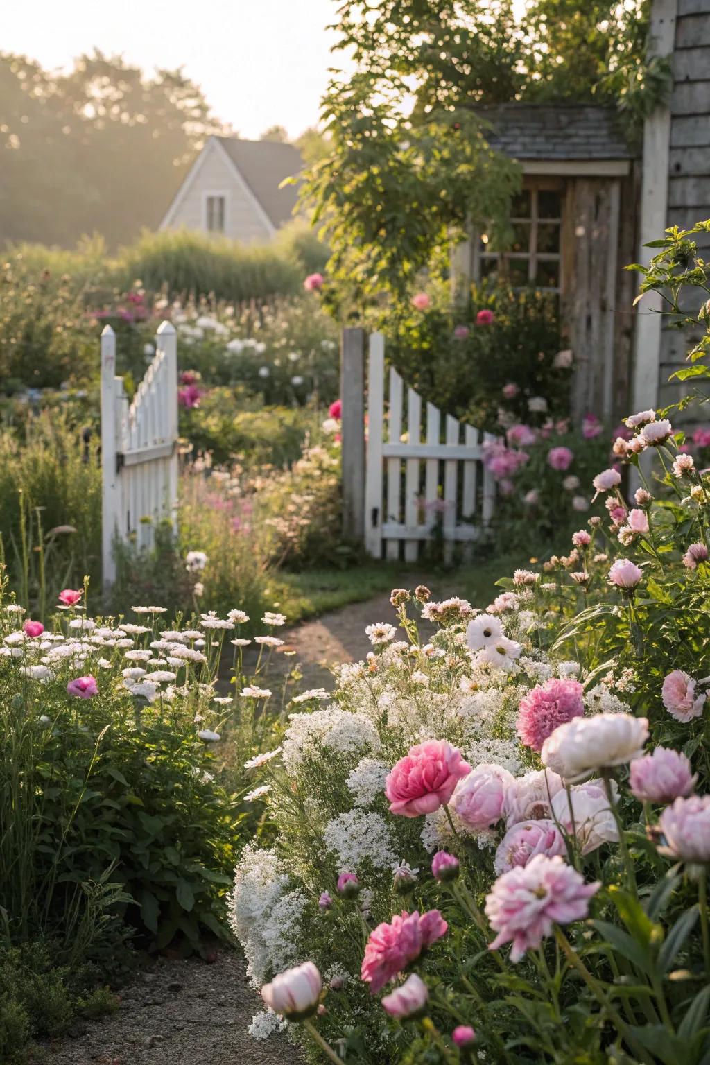 A whimsical cottage garden featuring peonies among wildflowers.