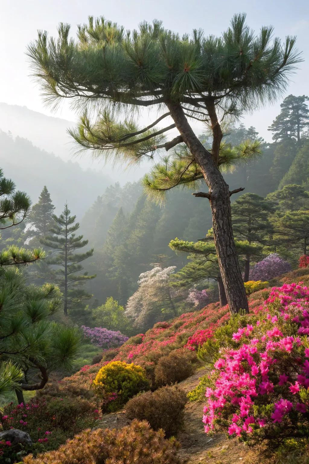Azaleas and rhododendrons add color around pine trees.