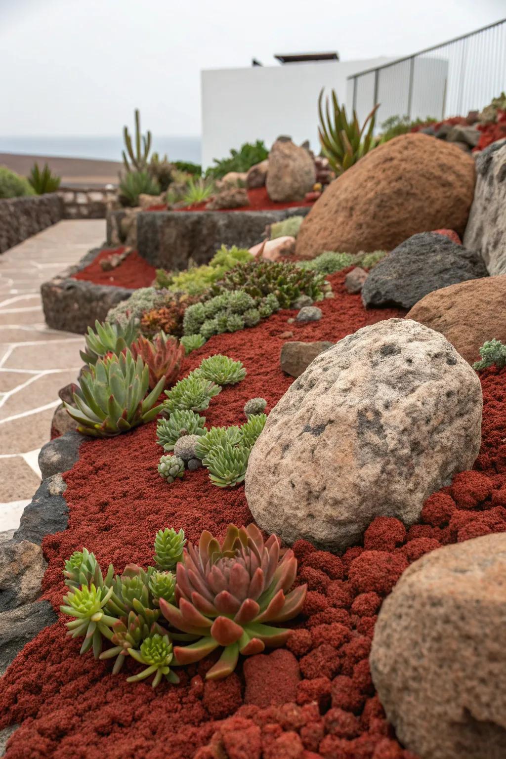 A rock garden with red lava rocks and larger stones adds depth and texture.