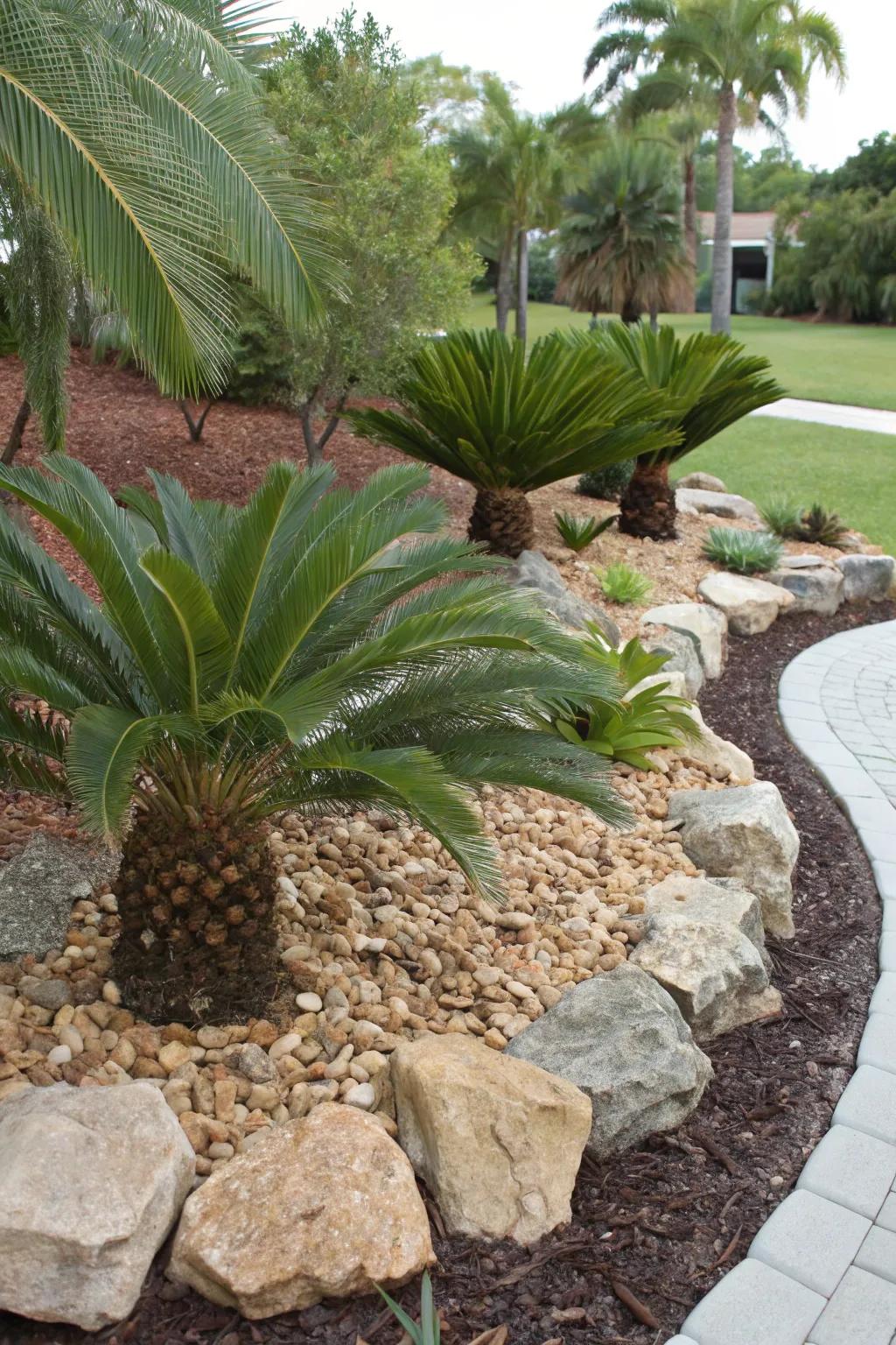 Use rocks and mulch to highlight your sago palms.