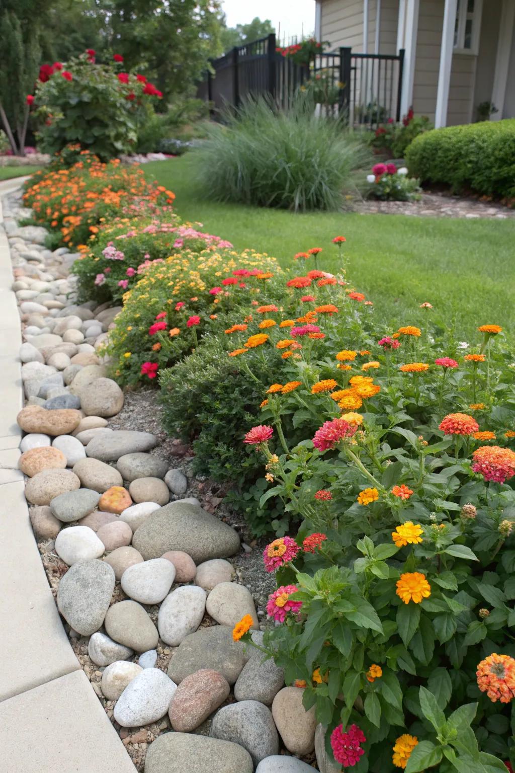 Lantana flower bed neatly bordered by stones for a structured garden look.