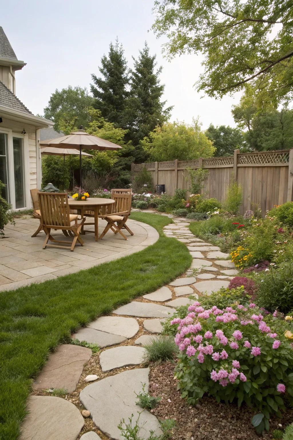 Pathways and patios define spaces and invite exploration.