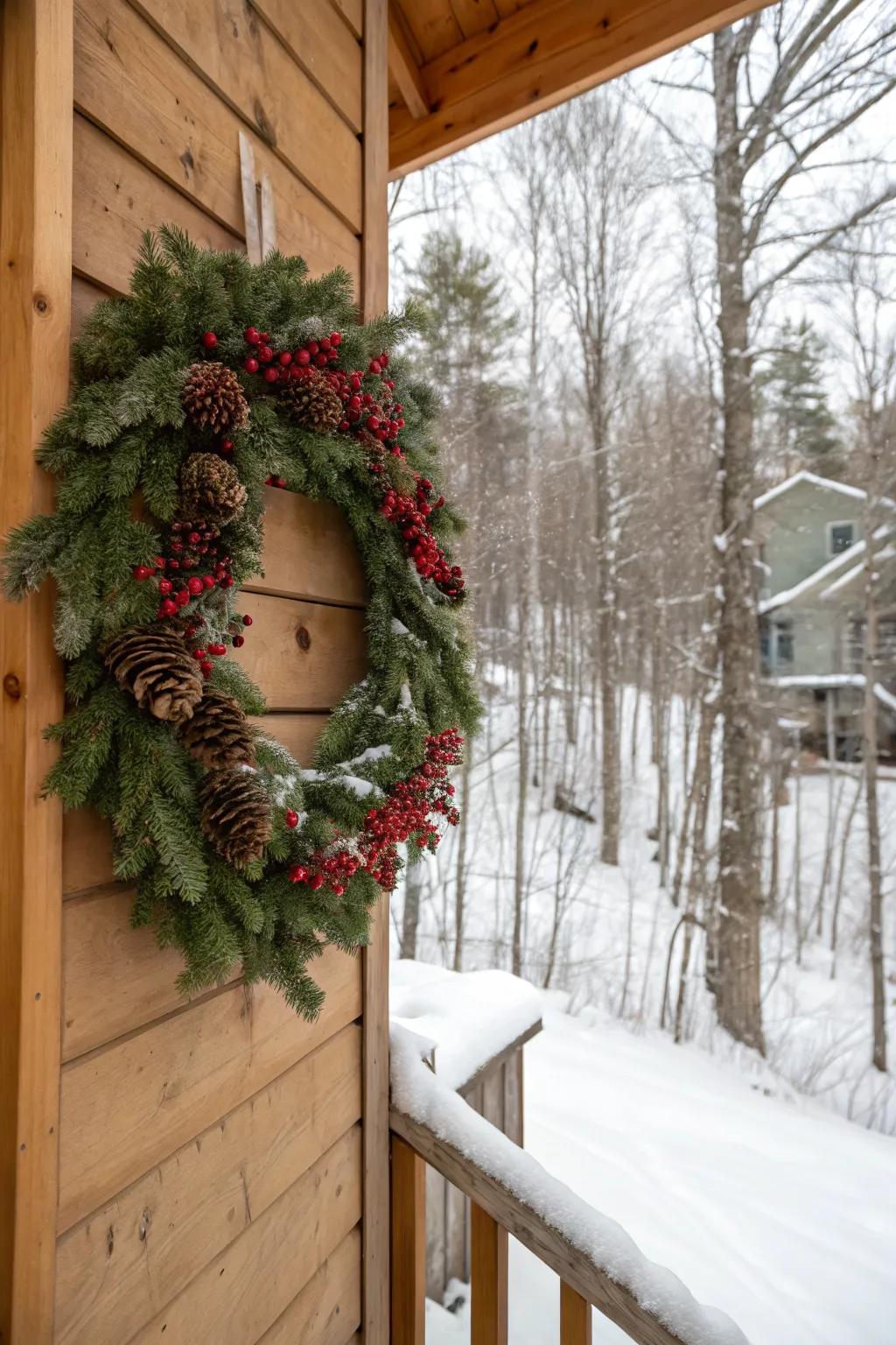 Pinecones and berries add a rustic touch to this festive wreath.