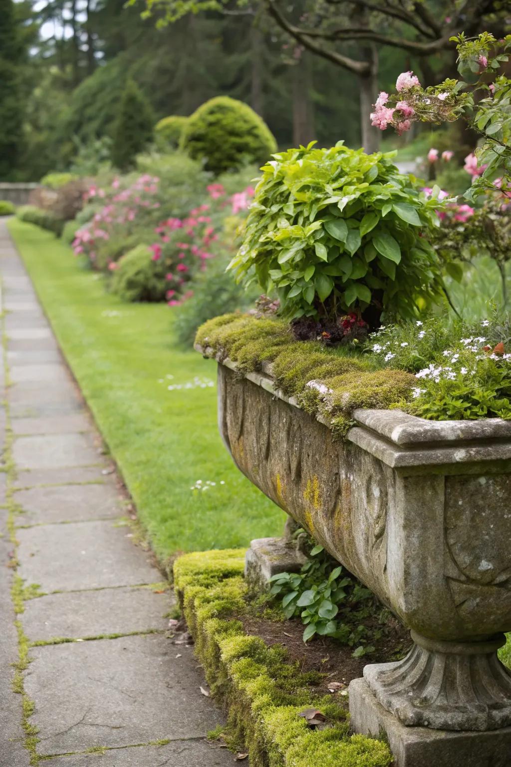 Stone planters offer timeless beauty and durability.