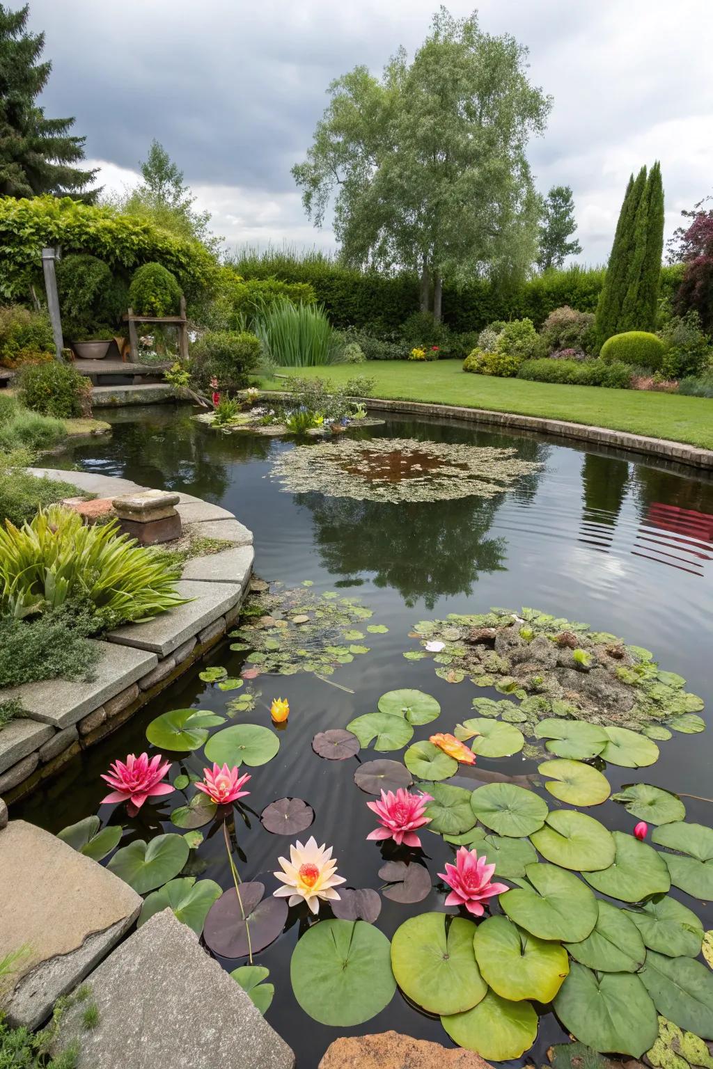 Water lilies bring vibrant color and life to a large pond.