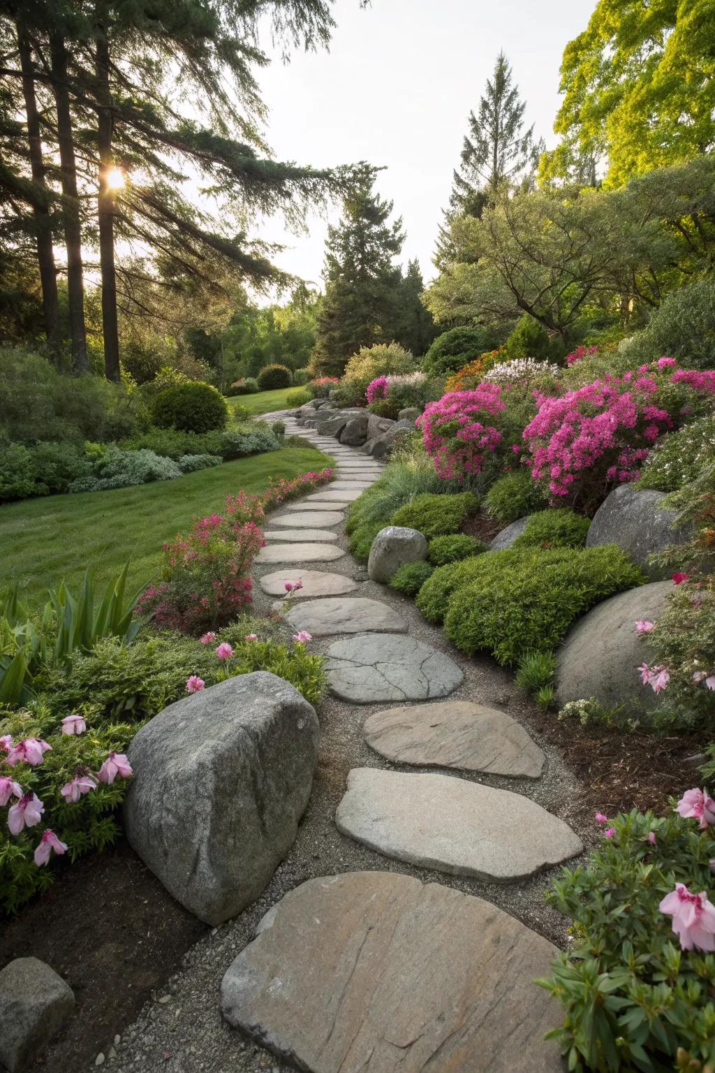 A garden pathway designed with large river rocks.
