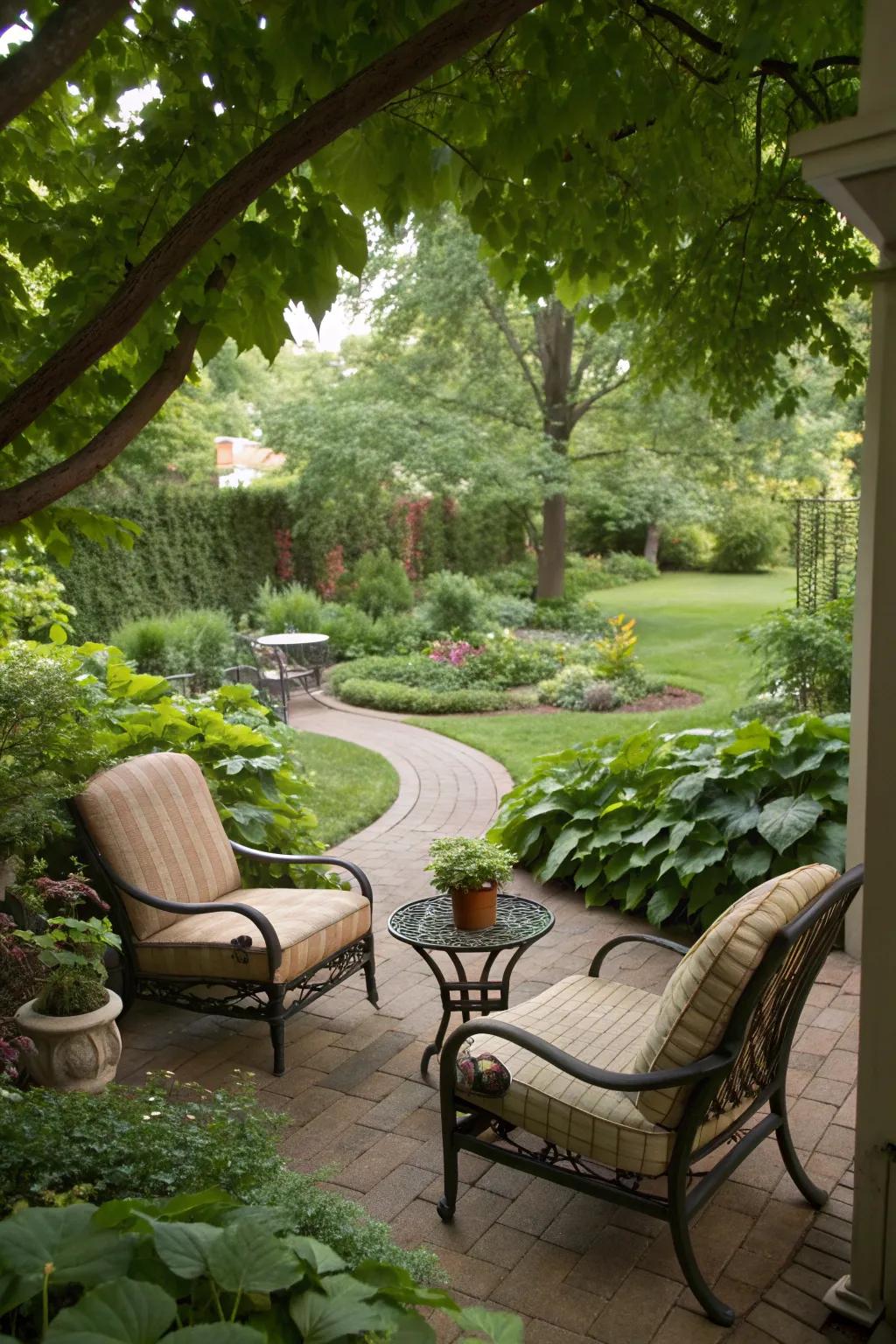 A cozy seating area in your side yard invites relaxation and quiet moments with nature.