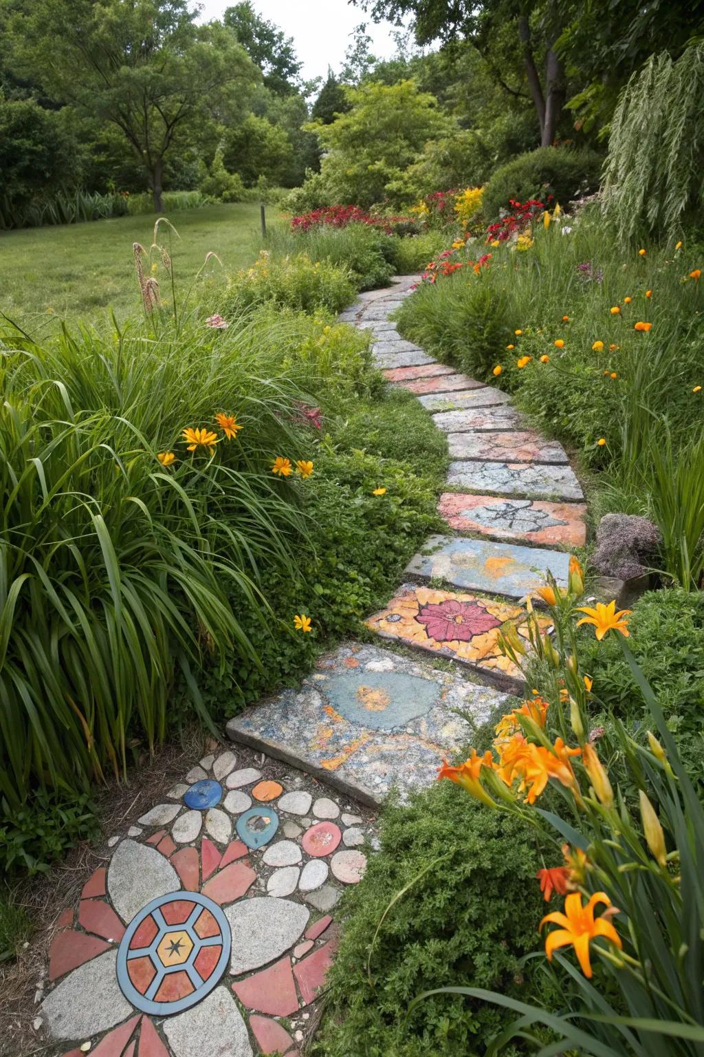 A colorful mosaic stepping stone path adding a playful touch.