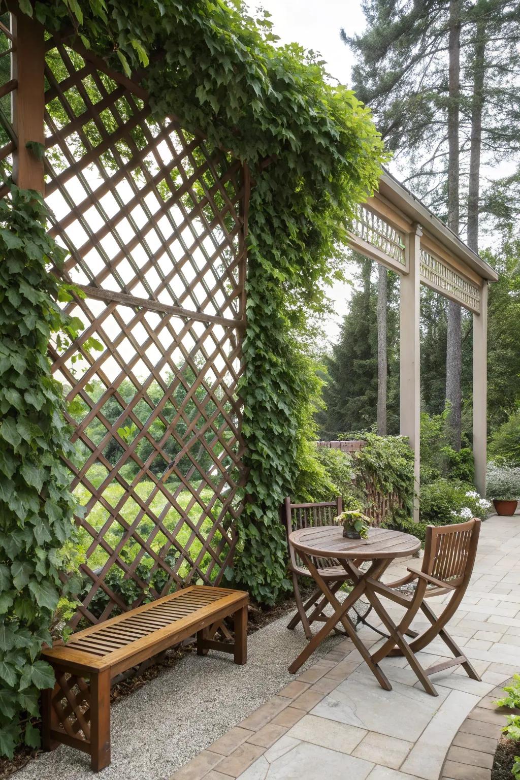 A vibrant patio featuring a lattice wall adorned with lush green ivy.